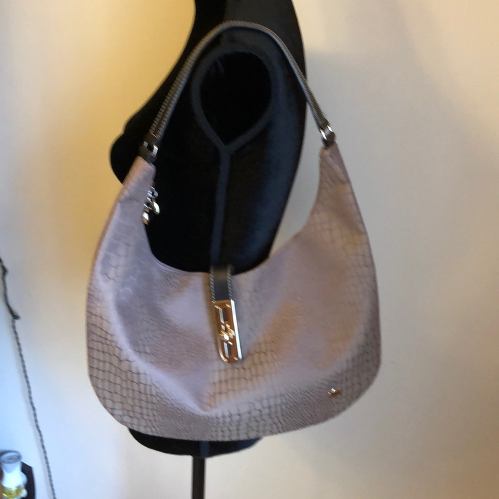 LaBagagerie taupe lined purse w/gold accents